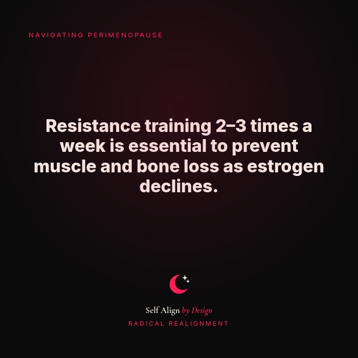 Resistance training 2 to 3 times a week is essential to prevent muscle and bone loss as estrogen declines.
