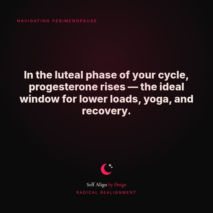 In the luteal phase of your cycle, progesterone rises. The ideal window for lower loads, yoga, and recovery.