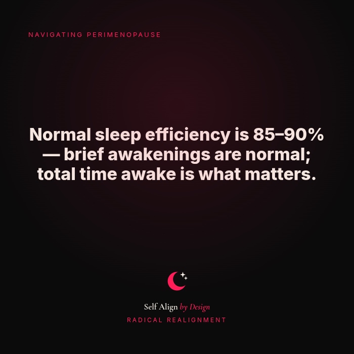 Normal sleep efficiency is 85 to 90 percent. Brief awakenings are normal; total time awake is what matters.